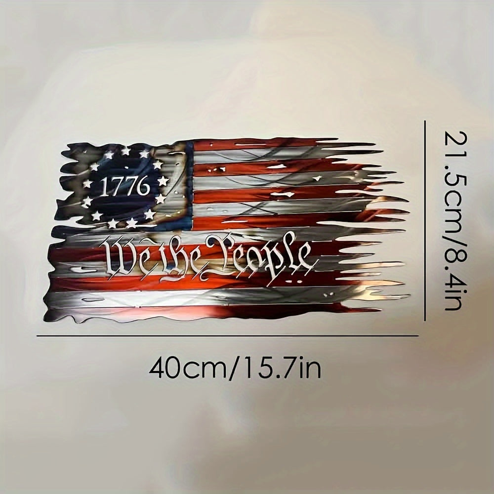 Distressed American flag metal art with 1776 and We The People text, featuring tattered edges in red, white, and blue