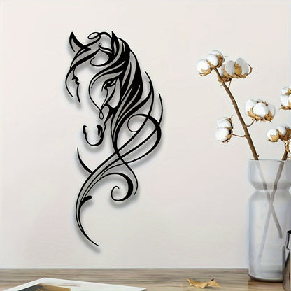 Abstract Metal Horse Wall Art Equestrian Elegance displaying elegant black swirling horse silhouette against white wall near cotton stems