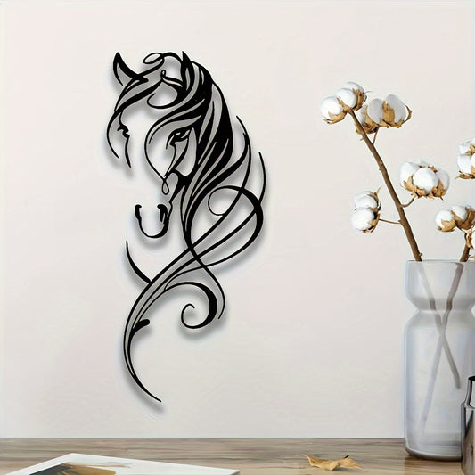 Abstract Metal Horse Wall Art Equestrian Elegance displaying elegant black swirling horse silhouette against white wall near cotton stems