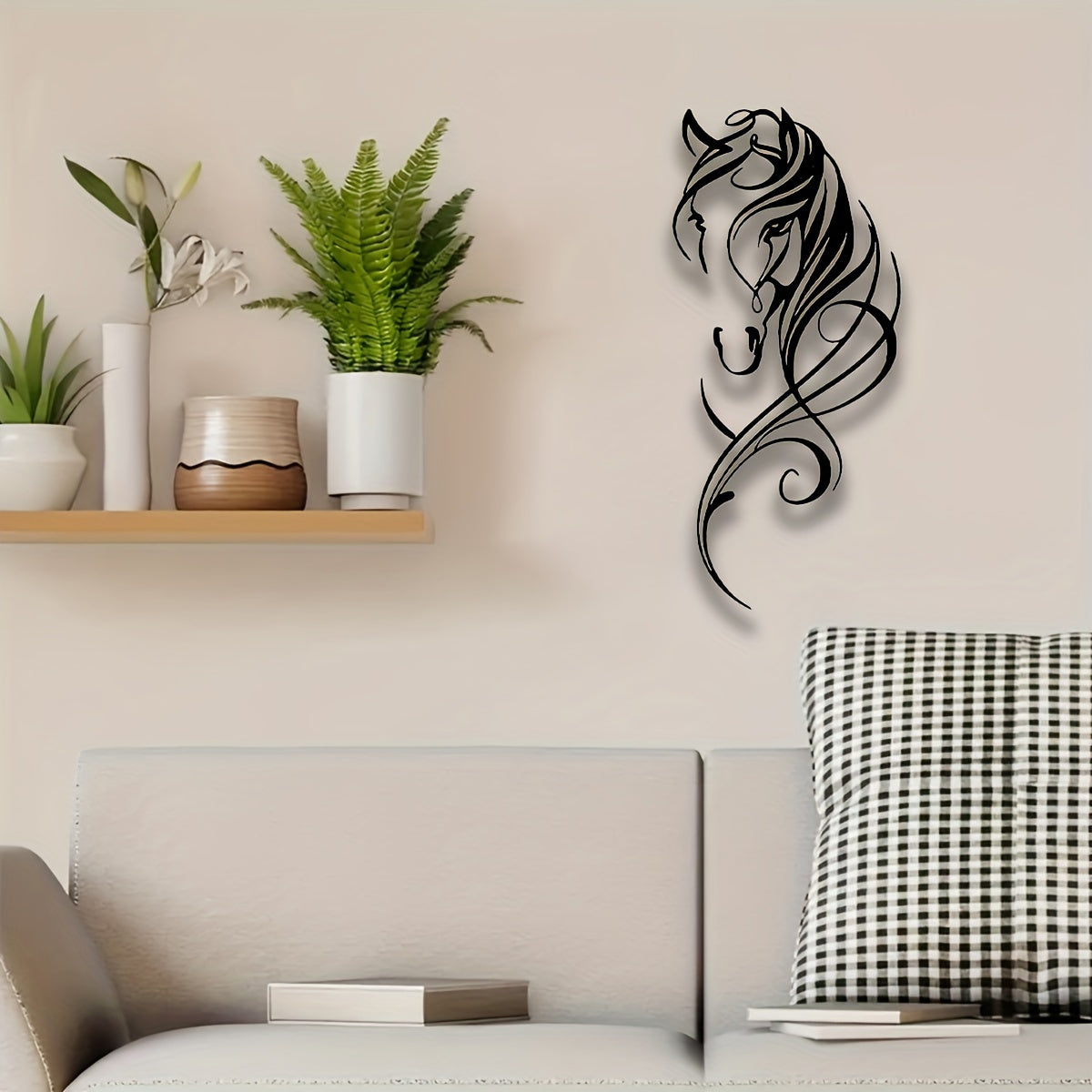 Abstract metal horse wall art displayed in modern living room with plants and wooden shelf decor