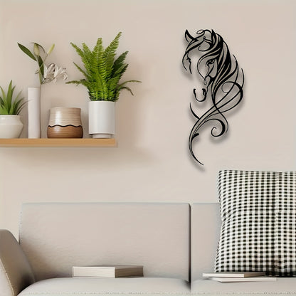 Abstract metal horse wall art displayed in modern living room with plants and wooden shelf decor