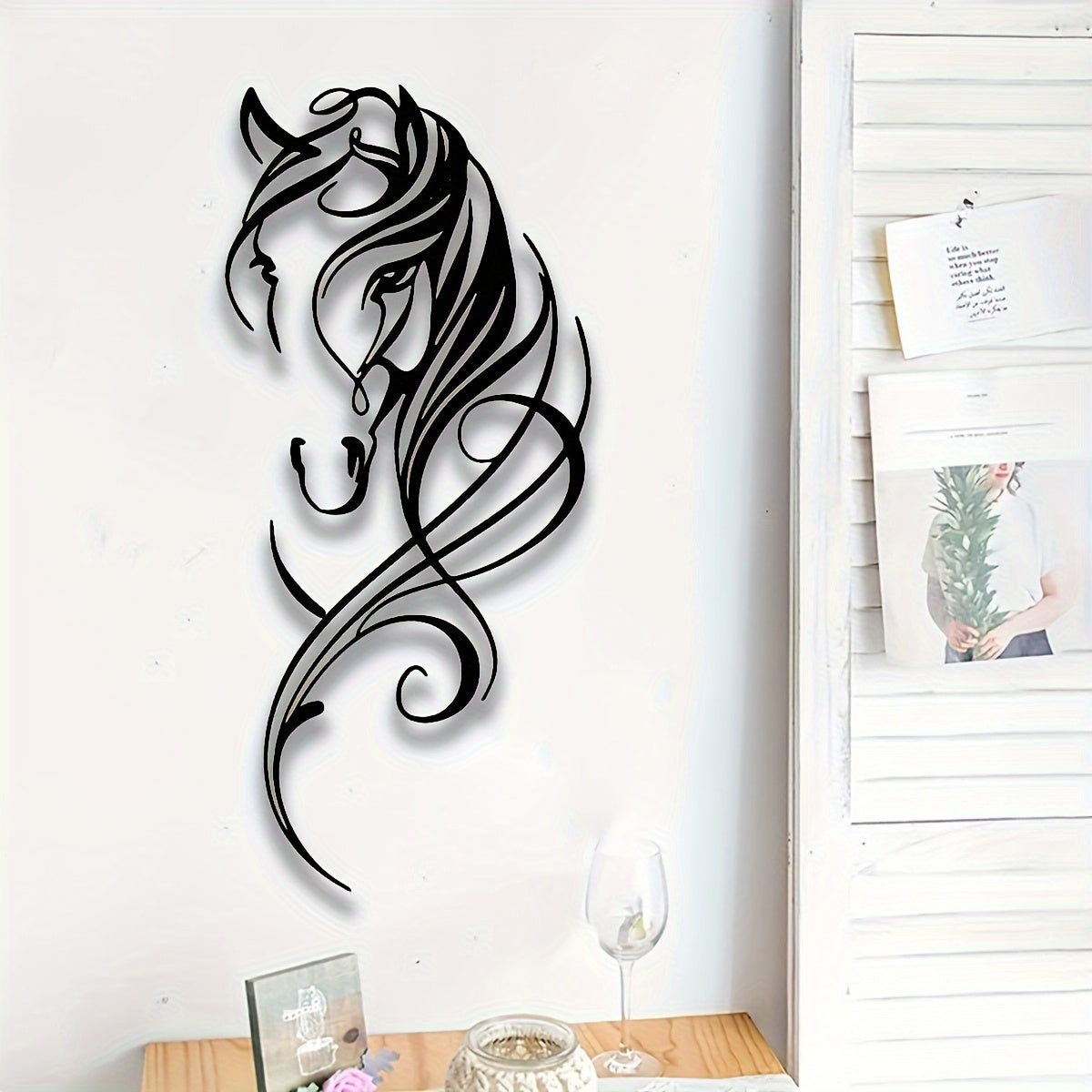 Abstract Metal Horse Wall Art Equestrian Elegance featuring sleek black swirling lines forming a stylized horse head design