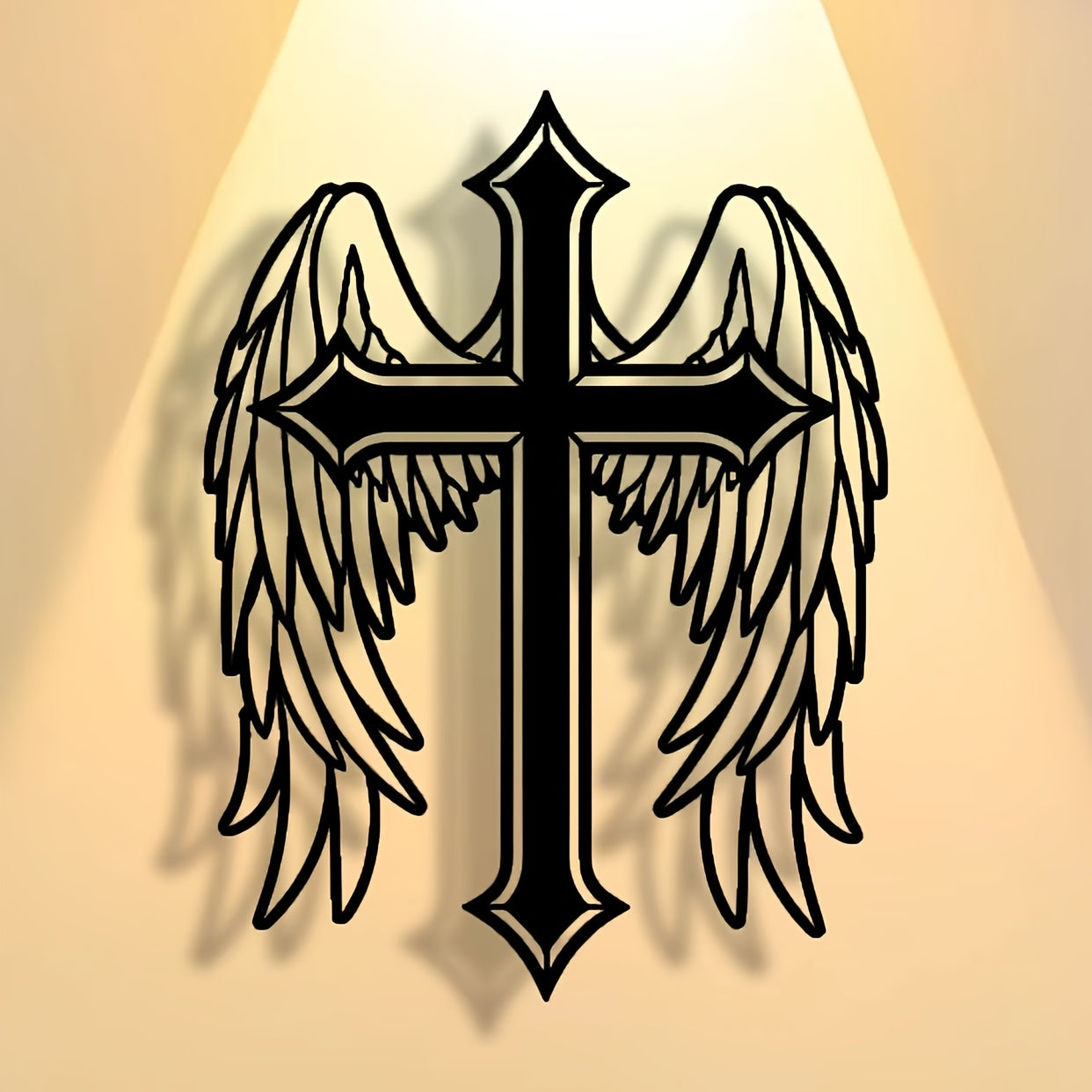 Abstract Angel Cross Minimalist Metal Wall Art Decor featuring black cross with angel wings on warm beige background