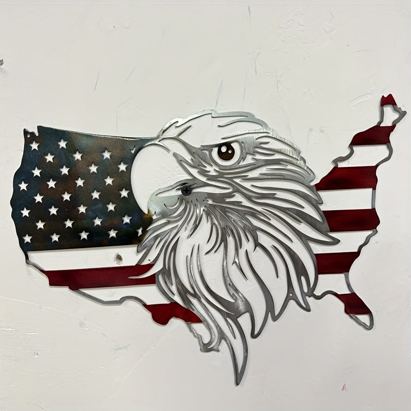 American Flag Eagle Patriotic Metal Wall Art featuring eagle head design on US map with red stripes and stars background