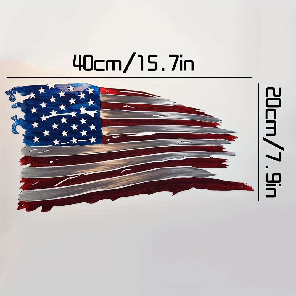 American Flag Metal Art Honor Strength Beauty metal wall decor with distressed red white blue design, size dimensions shown