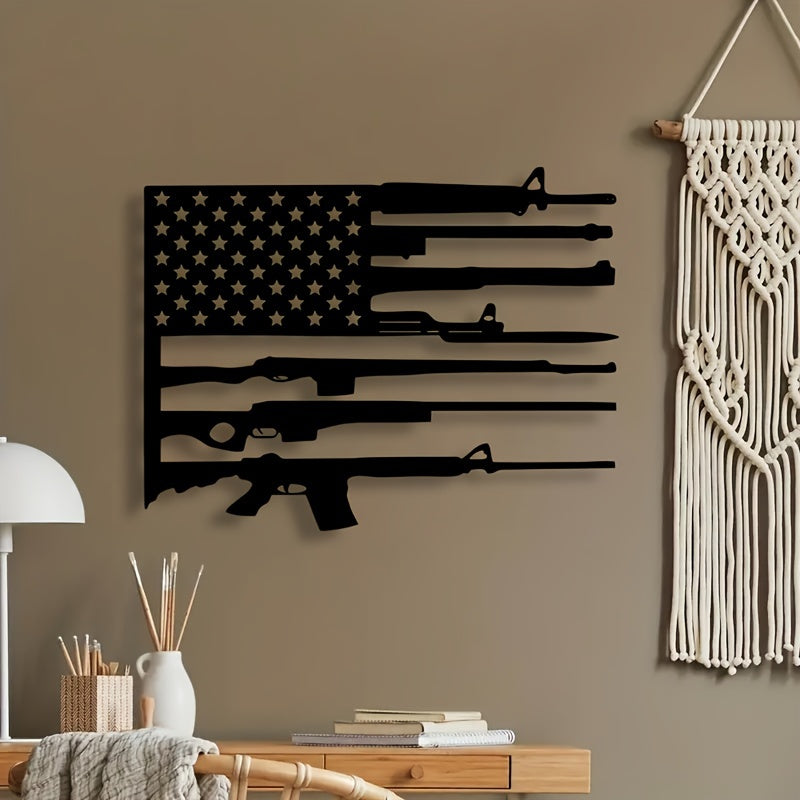 American Flag Gun Art Metal Wall Decor featuring black gun silhouettes forming stripes with stars on beige wall
