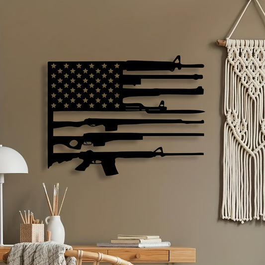 American Flag Gun Art Metal Wall Decor featuring black gun silhouettes forming stripes with stars on beige wall