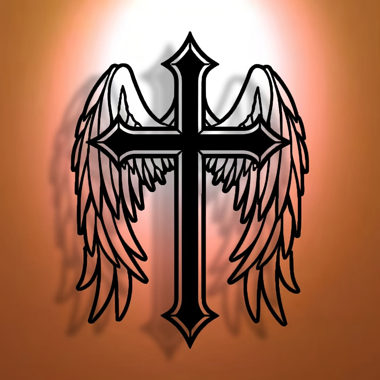 Abstract angel cross minimalist metal wall art with black cross and wings design on copper-toned background