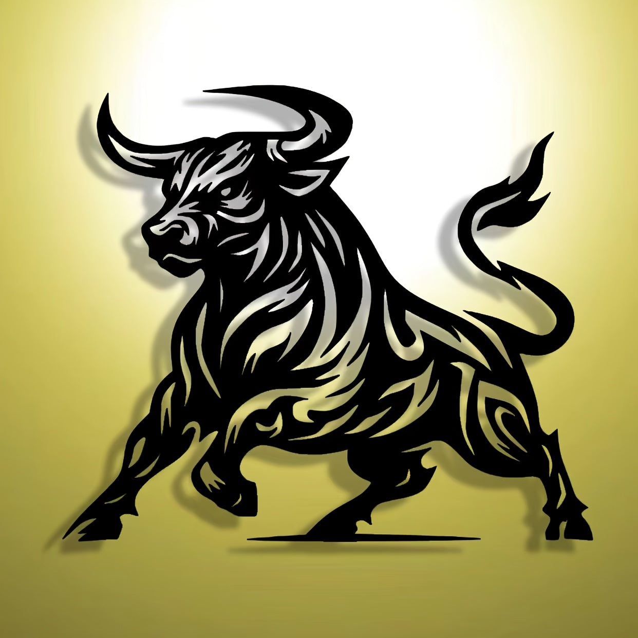 Abstract Bull Metal Art wall decor featuring stylized black bull silhouette with flowing lines on yellow background