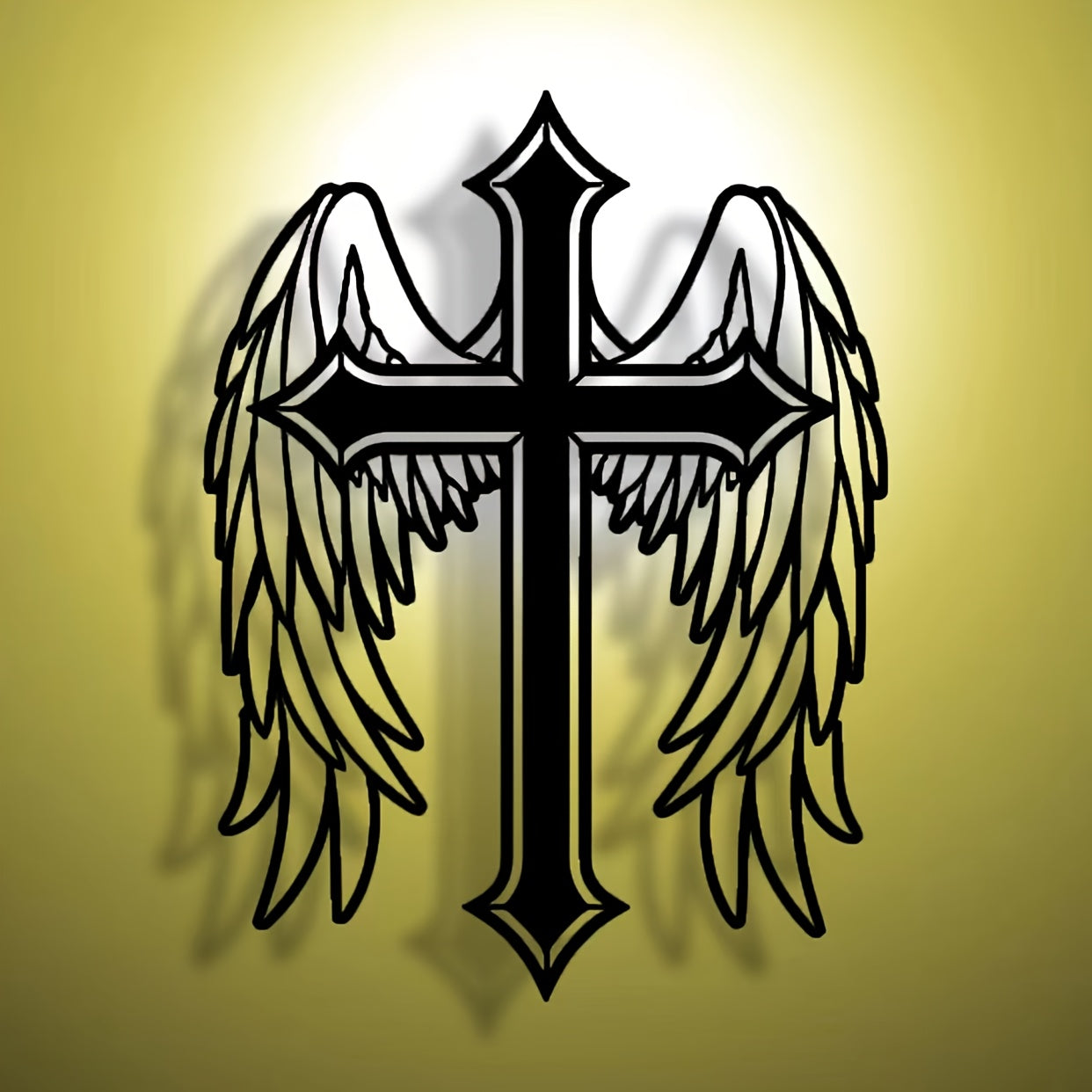 Abstract angel cross minimalist metal wall art with wings on yellow background