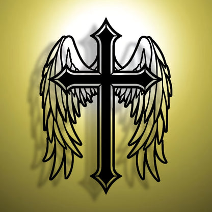 Abstract angel cross minimalist metal wall art with wings on yellow background