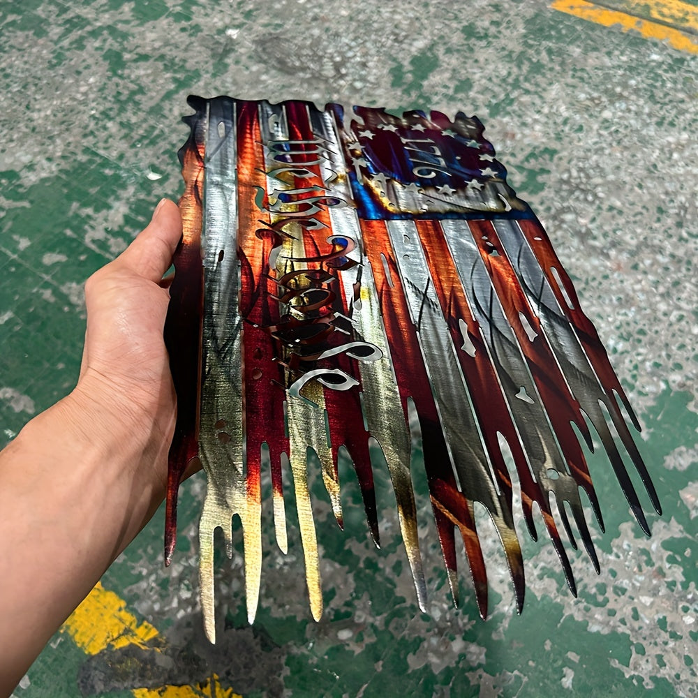 Distressed metal American flag art piece with tattered edges and patriotic 1776 design in rustic red, silver, and blue finish