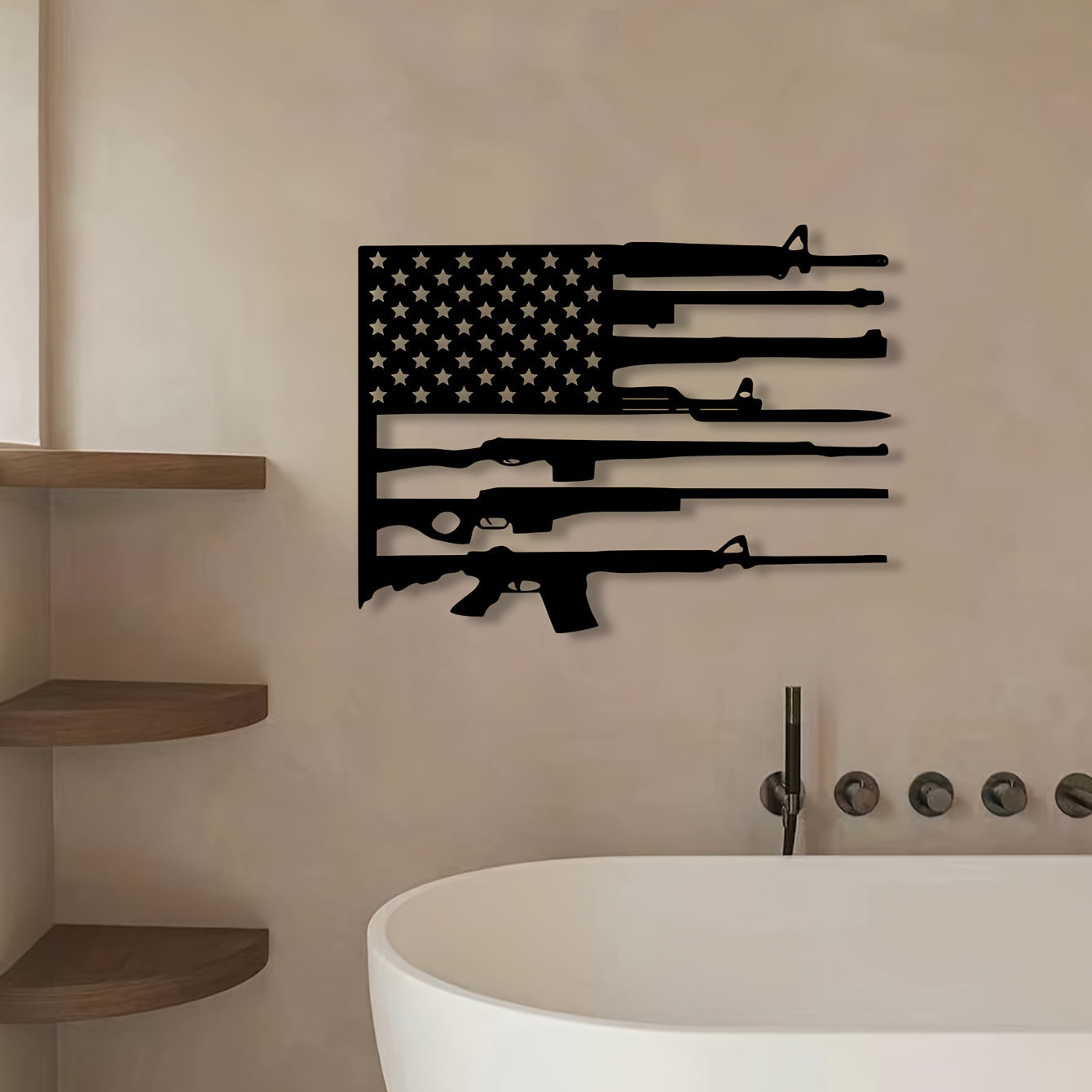 American Flag Gun Art metal wall decor featuring black rifle silhouettes forming stripes with stars on beige wall