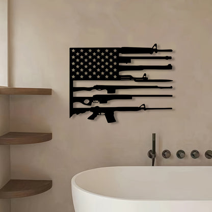 American Flag Gun Art metal wall decor featuring black rifle silhouettes forming stripes with stars on beige wall