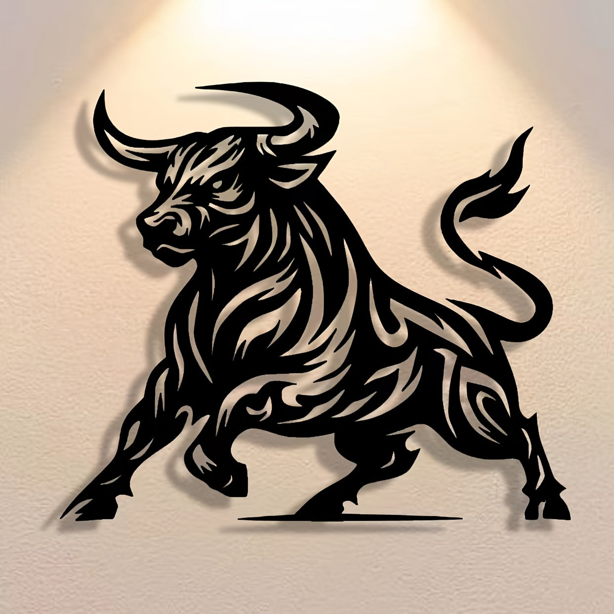 Abstract Bull Metal Art Modern wall decor featuring stylized black bull silhouette with tribal pattern design