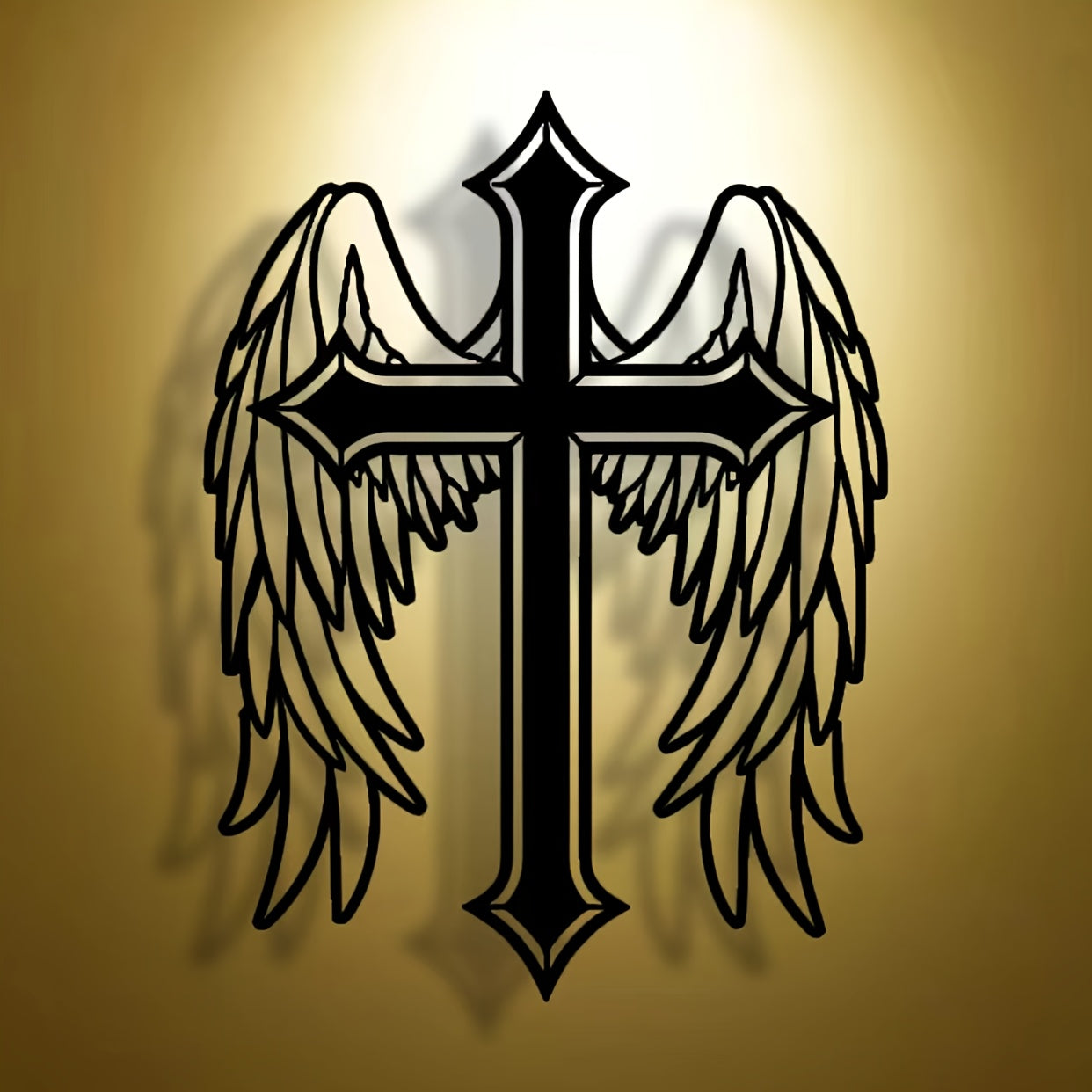 Abstract angel cross minimalist metal wall art with wings on golden background, modern religious decor piece