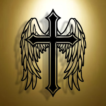 Abstract angel cross minimalist metal wall art with wings on golden background, modern religious decor piece