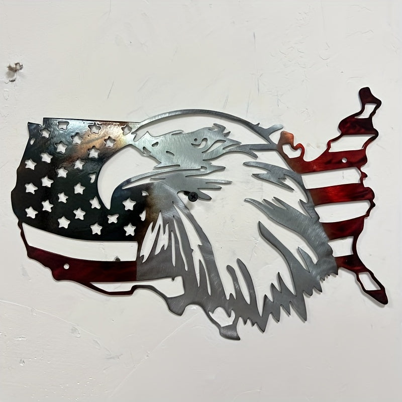 American Flag Eagle metal wall art featuring USA map silhouette with patriotic red white and blue design and eagle head