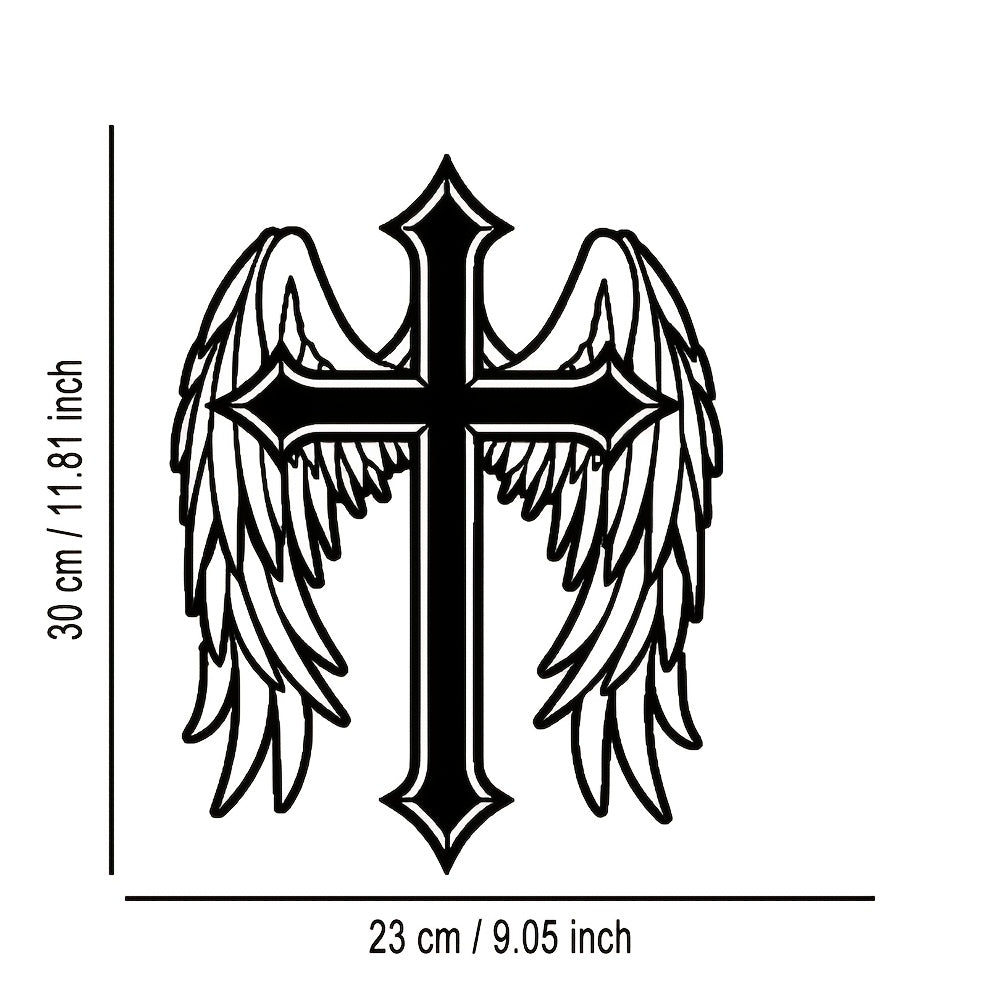 Minimalist black cross with angel wings metal wall art decor, shown with measurements against white background
