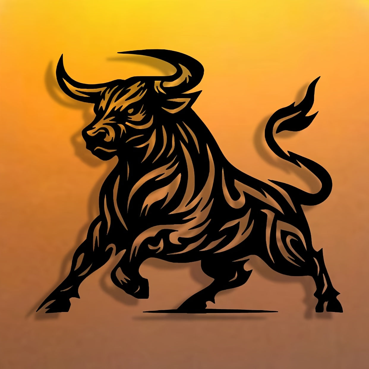 Abstract Bull Metal Art features bold black tribal-style bull silhouette against vibrant orange gradient background