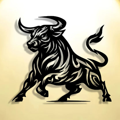 Abstract Bull Metal Art Modern striking decor featuring black silhouette of charging bull with tribal pattern design