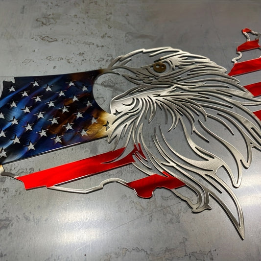 American Flag Eagle Patriotic Metal Wall Art featuring silver eagle head design with stars and stripes background