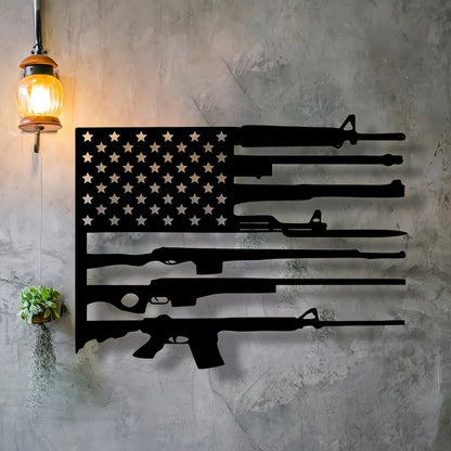 American Flag Gun Art Metal Wall Decor featuring rifles forming stripes with stars against gray concrete wall