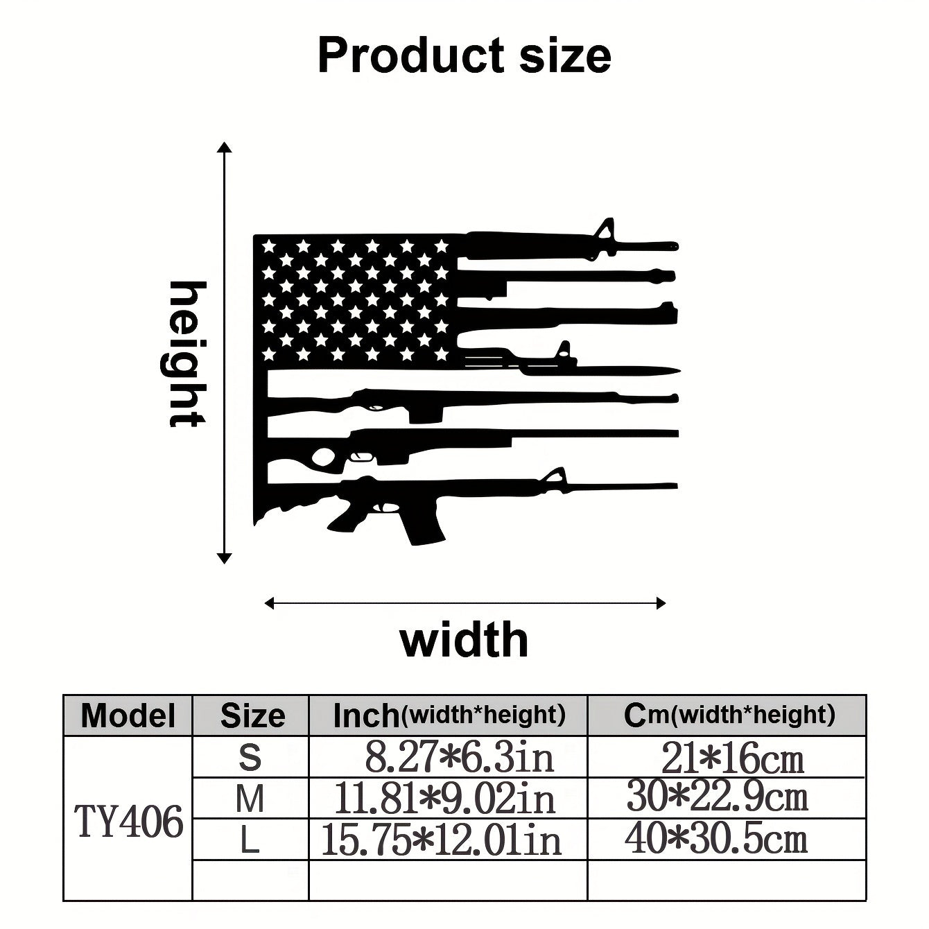 American Flag Gun Metal Wall Decor showing rifle silhouettes forming stripes with size specification chart below