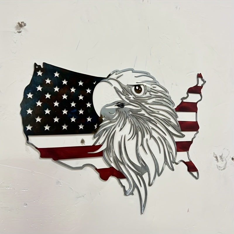 American Flag Eagle Patriotic Metal Wall Art featuring USA map silhouette with eagle head and stars and stripes design