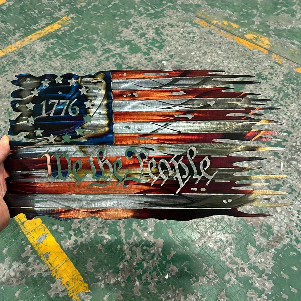 Distressed metal American flag art with 1776 and We The People text in rustic patriotic design