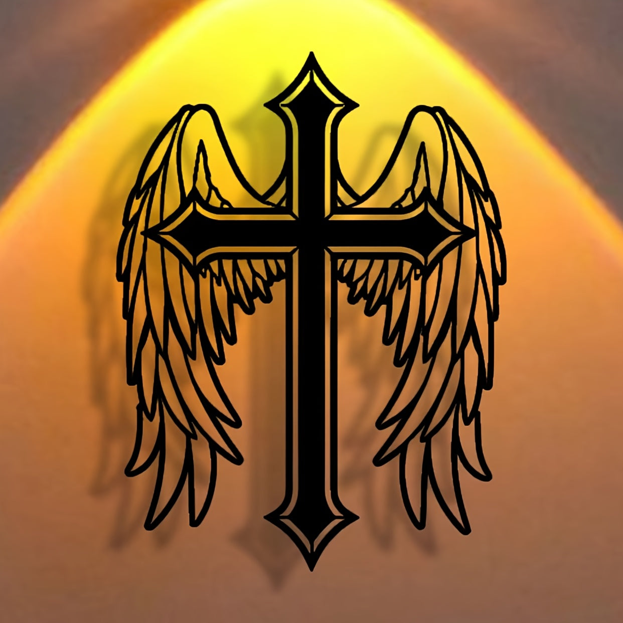 Abstract Angel Cross Minimalist Metal Wall Art featuring black cross with angel wings on golden background