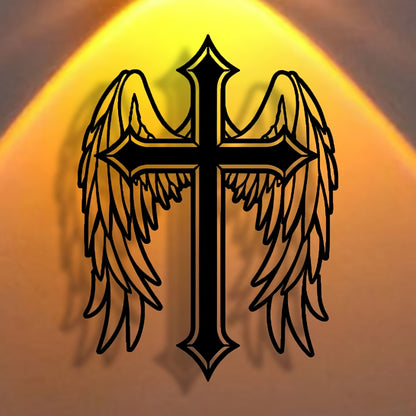 Abstract Angel Cross Minimalist Metal Wall Art featuring black cross with angel wings on golden background