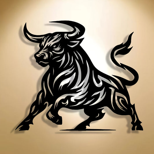 Modern abstract bull metal wall art featuring tribal-style black silhouette design on golden background