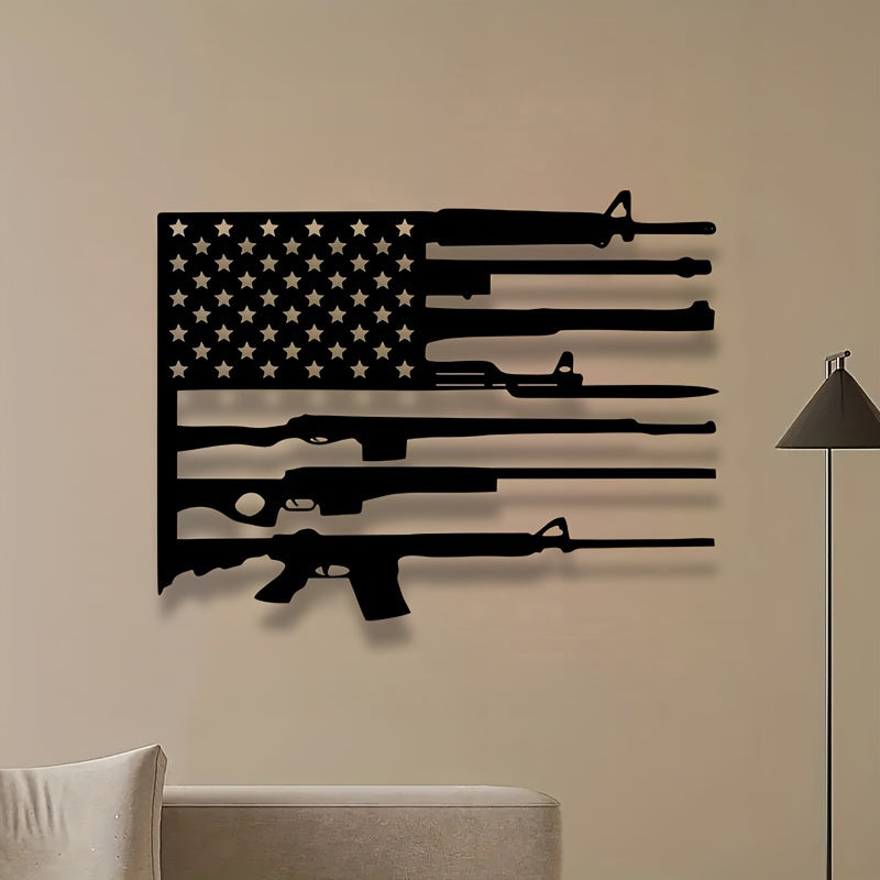 American Flag Gun Art Metal Wall Decor featuring black silhouettes of rifles forming stripes with stars on beige background