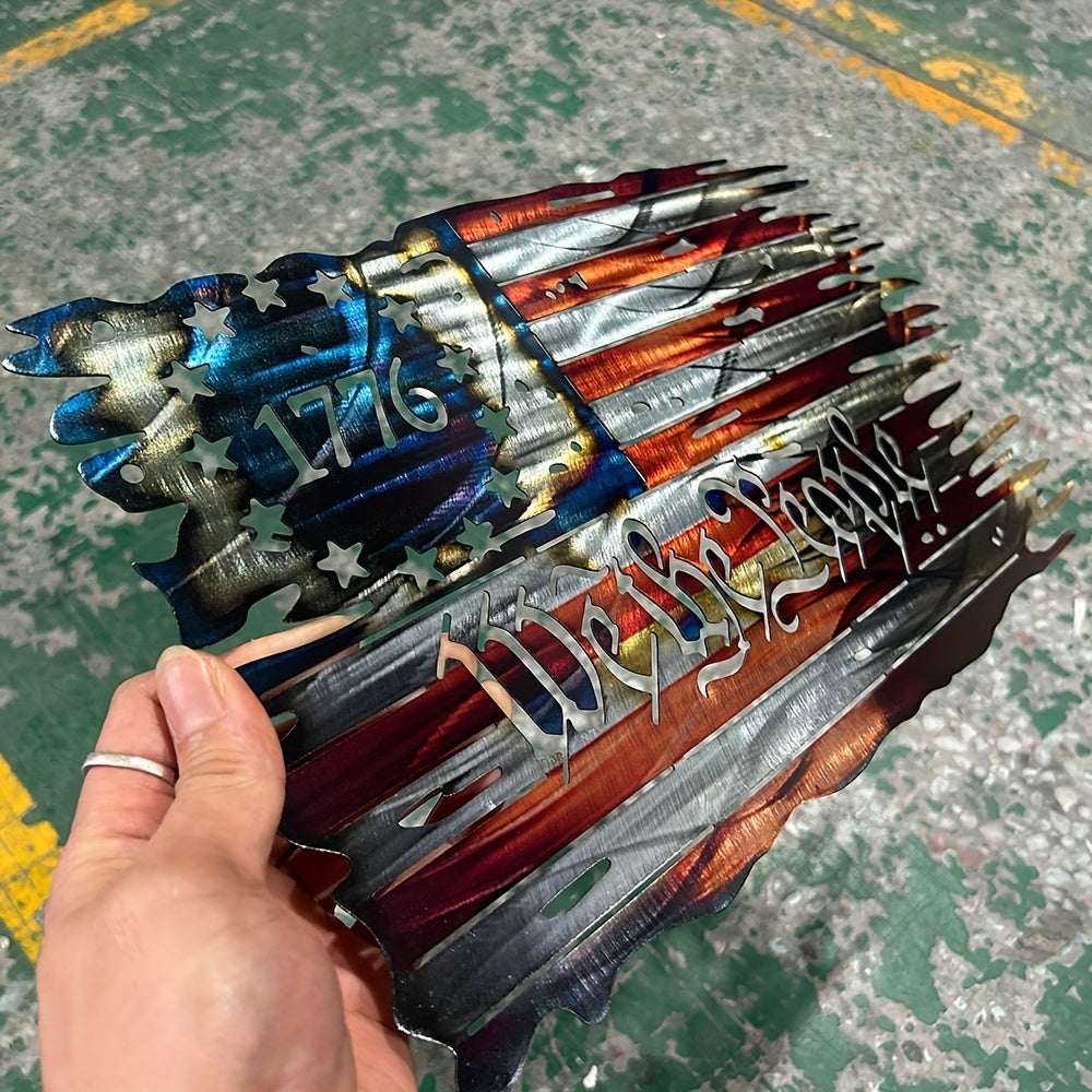 Distressed metal art flag with 1776 design featuring American flag colors and patriotic detailing