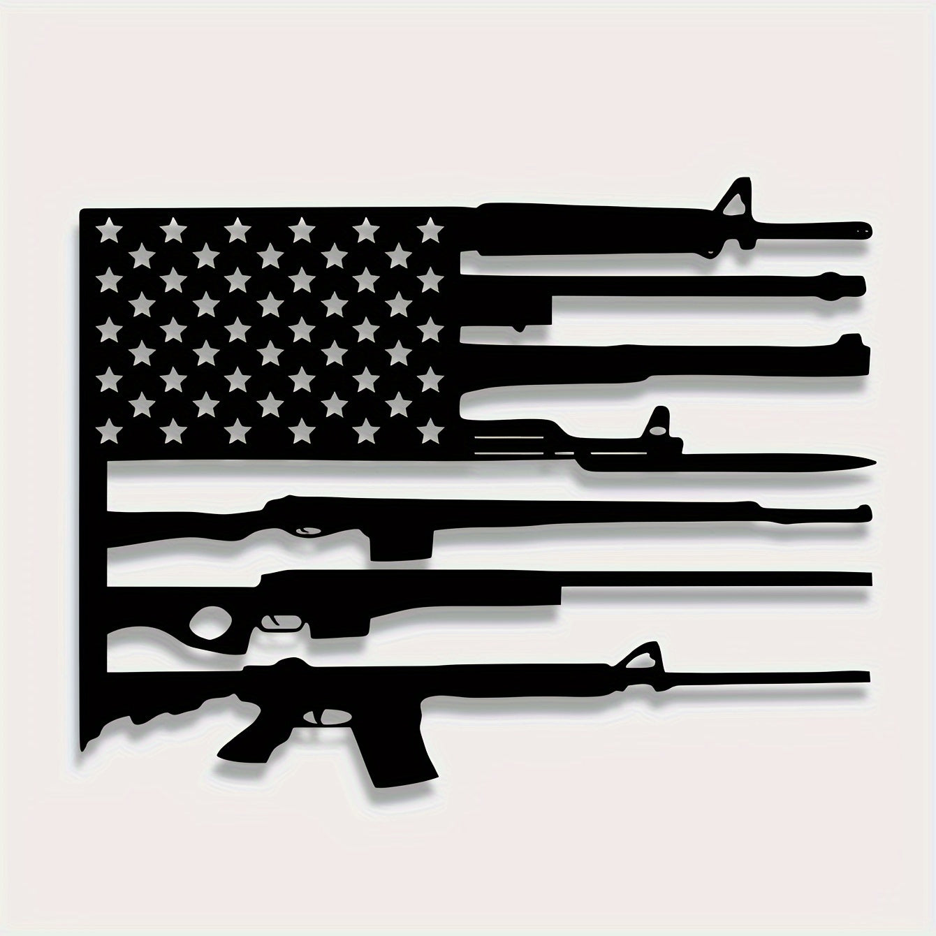 American Flag Gun Art Metal Wall Decor featuring black silhouettes of firearms forming stripes with stars on white background