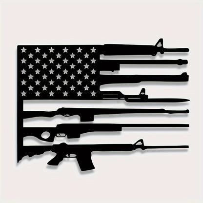 American Flag Gun Art Metal Wall Decor featuring black silhouettes of firearms forming stripes with stars on white background