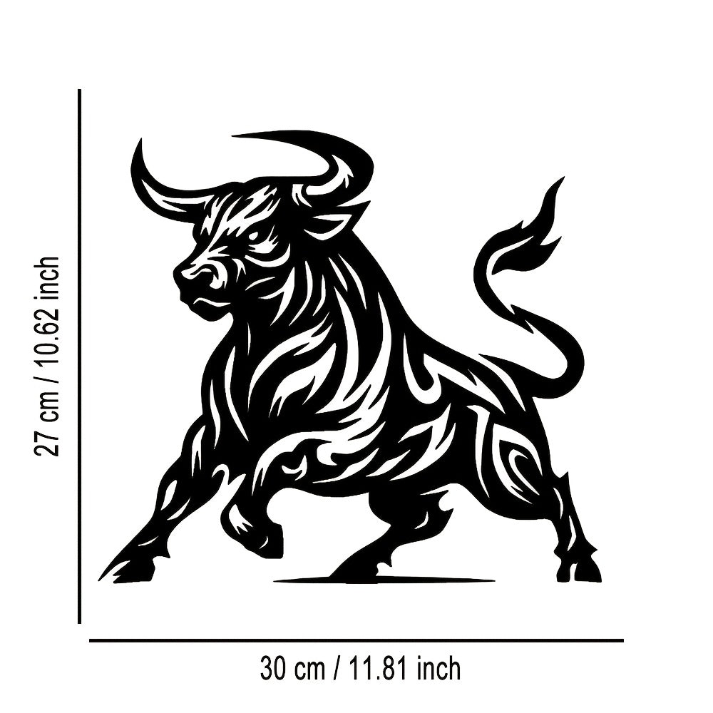 Abstract black tribal-style bull metal wall art with flowing lines and curved patterns, shown with measurements