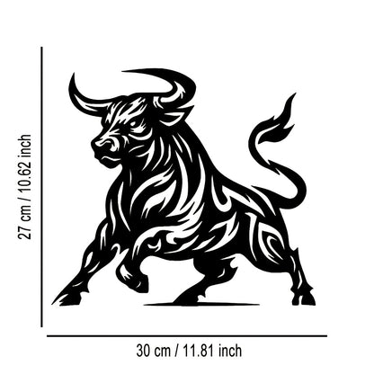 Abstract black tribal-style bull metal wall art with flowing lines and curved patterns, shown with measurements