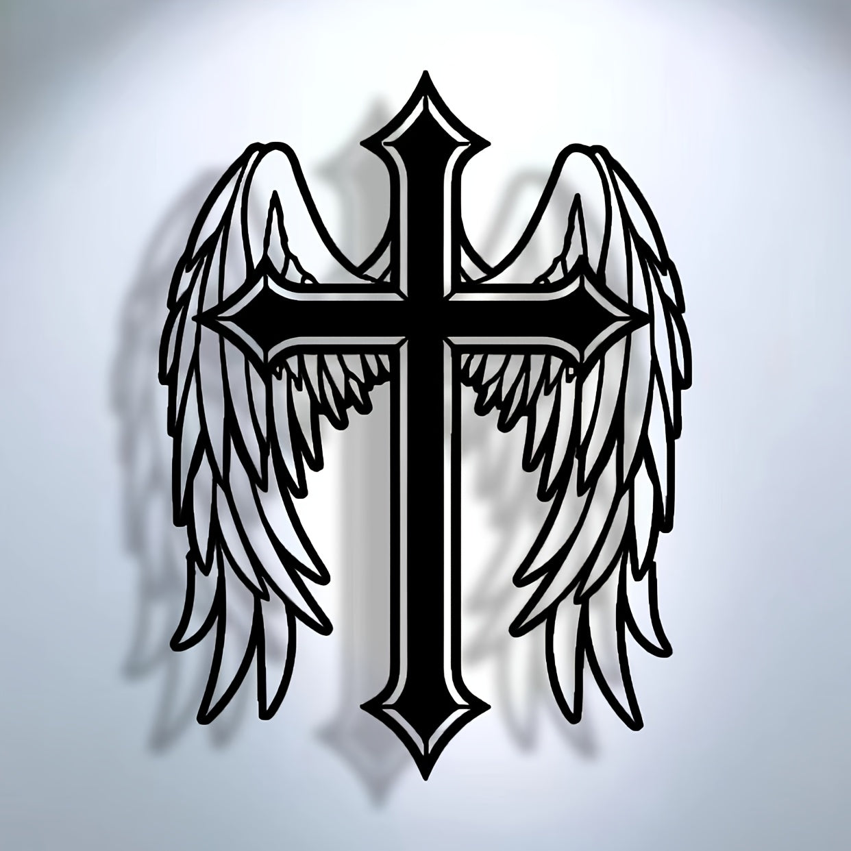 Abstract angel cross minimalist metal wall art with black cross and white wings on gray background