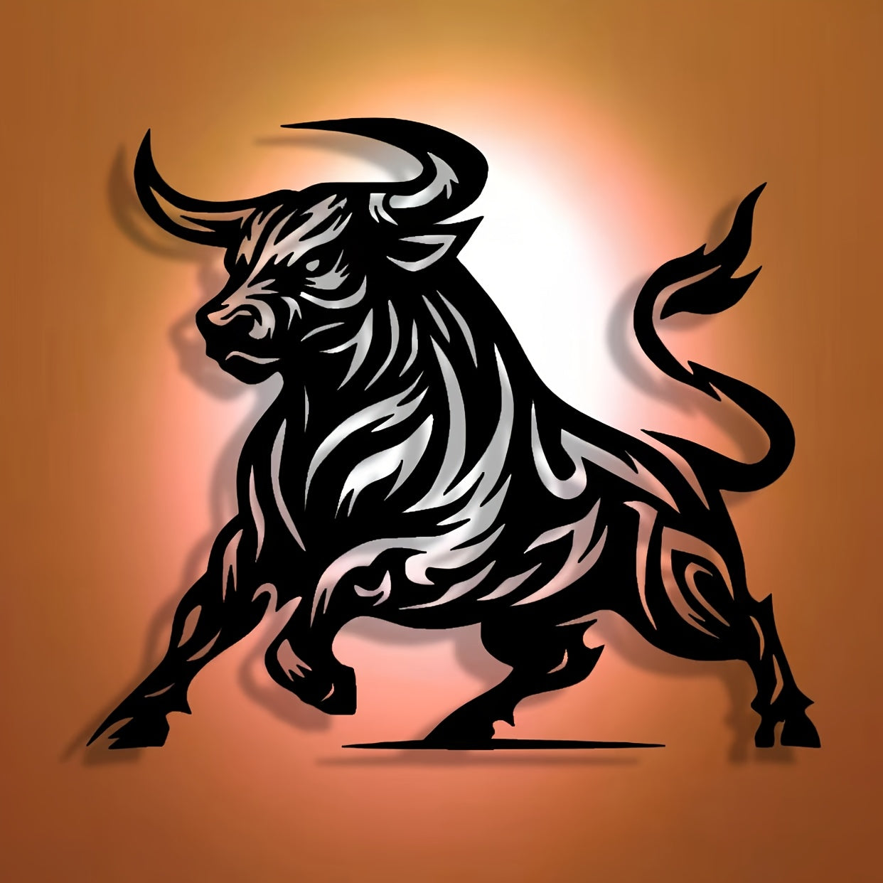 Abstract Bull Metal Art Modern striking decor featuring tribal-style black bull silhouette on warm copper background