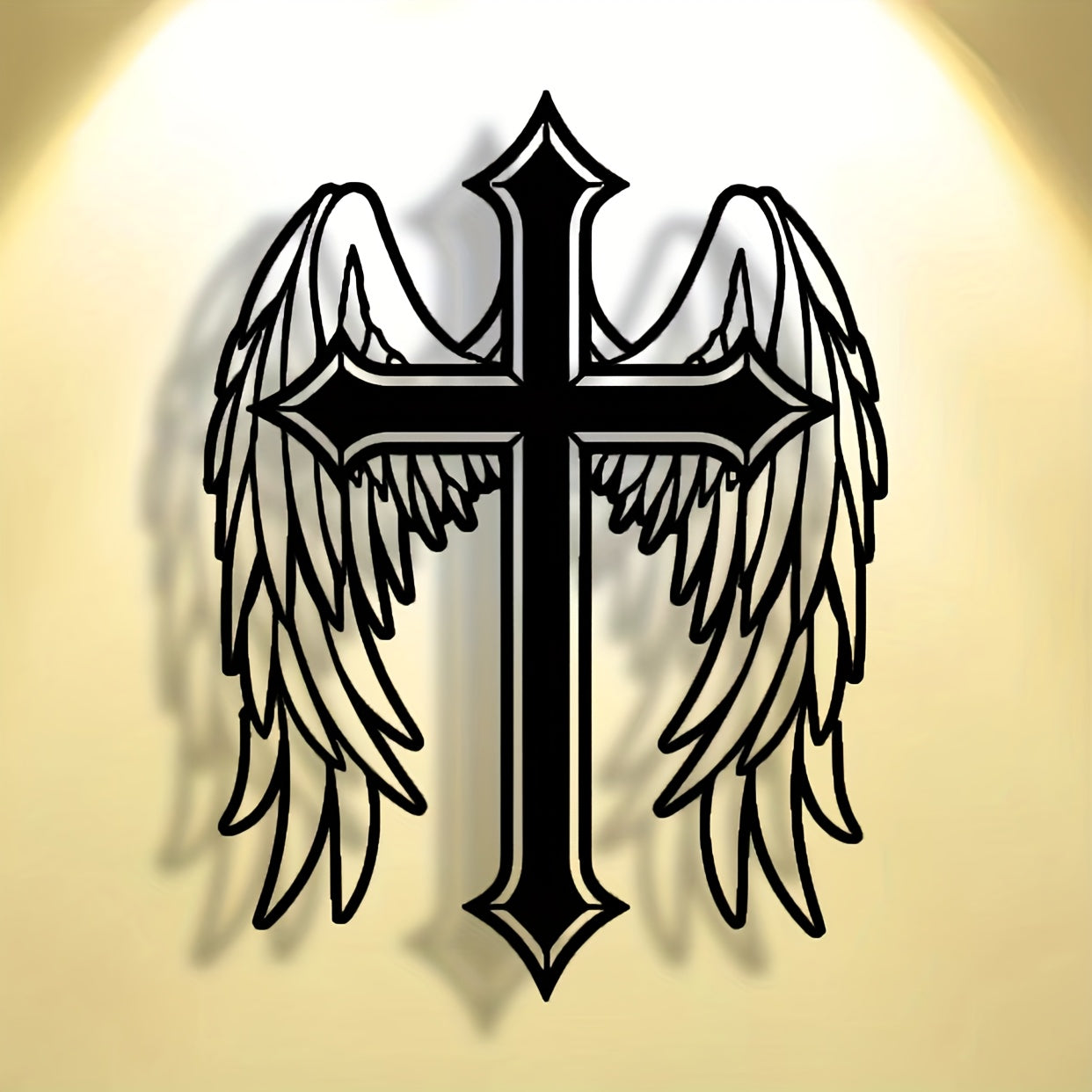 Abstract angel cross minimalist metal wall art with black cross and wings design on golden background