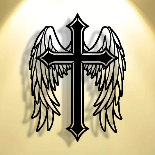 Abstract angel cross minimalist metal wall art with black cross and wings design on golden background