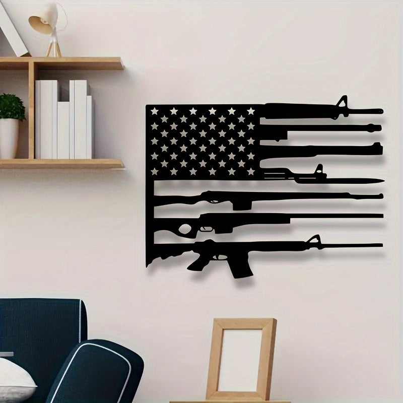American Flag Gun Art Metal Wall Decor featuring black silhouettes of rifles forming stripes with stars on white wall