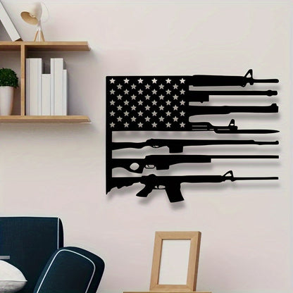 American Flag Gun Art Metal Wall Decor featuring black silhouettes of rifles forming stripes with stars on white wall