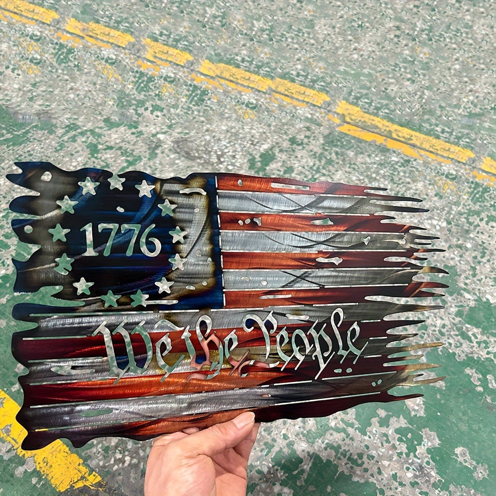 Distressed metal American flag art with 1776 and We The People text featuring torn edge design and patriotic colors